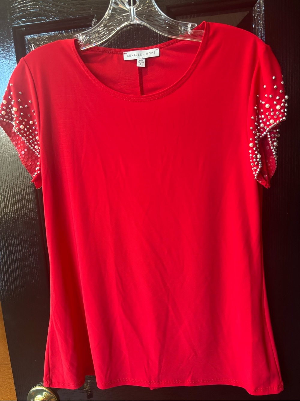 Annalee + Hope Bright Red Short Sleeve Tee with Pearl & Bead Sleeves